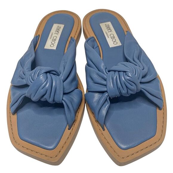 Jimmy Choo Tropica Blue Leather Flat Sandals EU 38 Slip On Square Toe Slide - Picture 3 of 9